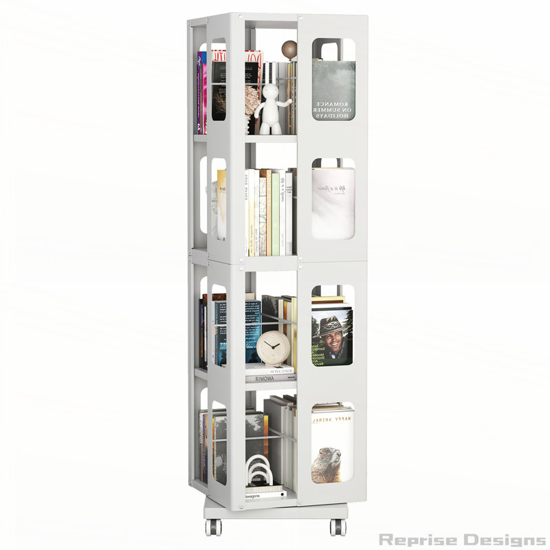 Bibliothèque rotative en acier à 4 niveaux avec roulettes à 360 °, assemblage facile, Blanc