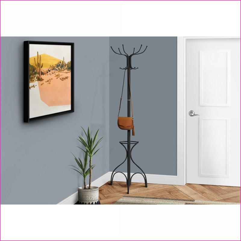 Coat Rack with 12 Hooks &amp; Umbrella Holder, 70"H Black Metal Transitional | Black | Metal