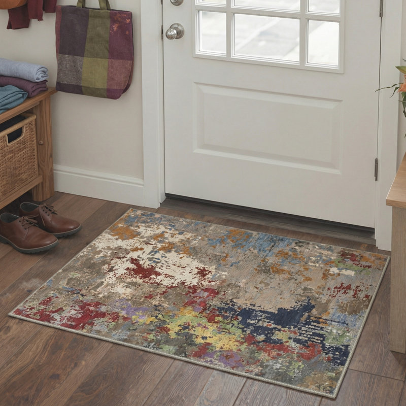Mignone Aura Abstract Machine Washable Grey / Blue / Red Indoor Area Rug with Non-Slip Backing, Rectangle 5' x 7'