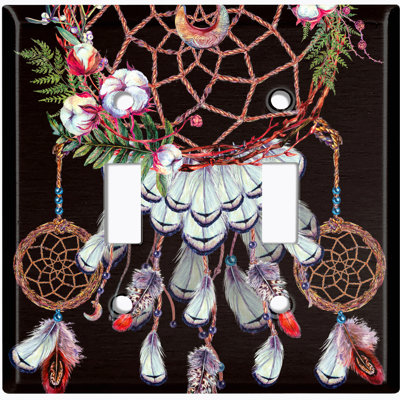 Metal Light Switch Plate Outlet Cover (Brown Feather Dream Catcher Black  - Double Toggle)