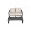 Canapé double + table basse rectangulaire, coussins brun clair