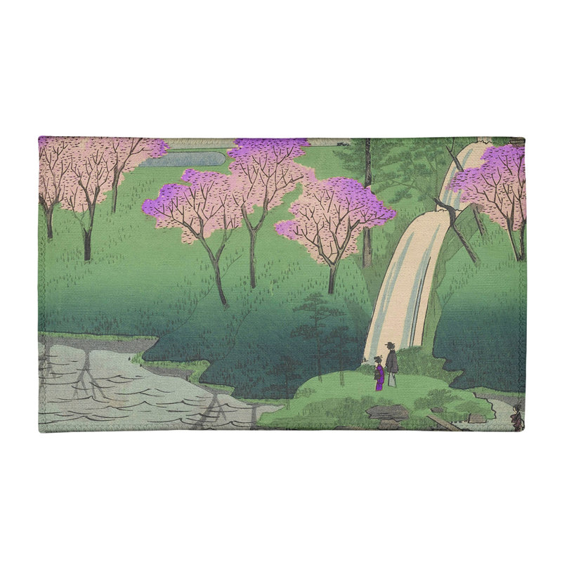 Tapis chiyogaike étang avec fleurs mauve/vert/brun, Rectangle 2 pi x 3 pi