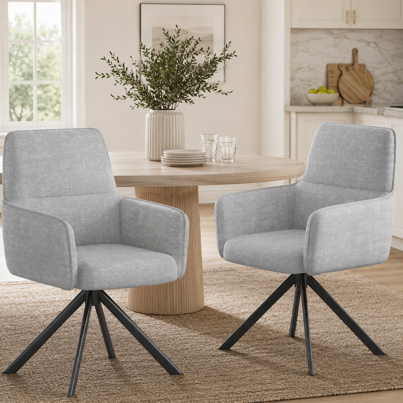 Simple Solid Color Chenille Dining Chair with Armrests, Light Gray