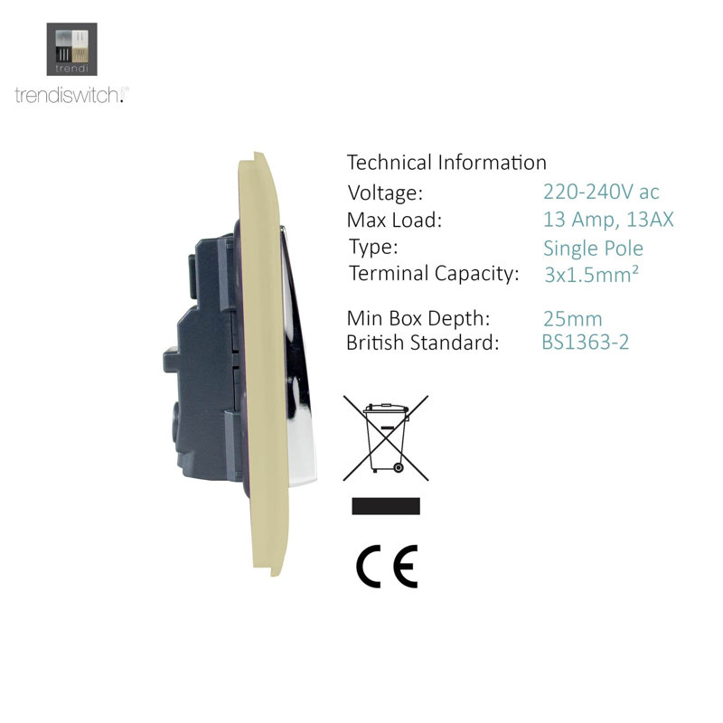 Trendi Switch 1 Gang 13 Amp Switched Plug Socket, Gold