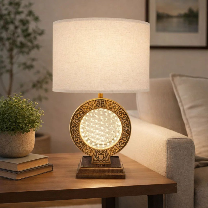 Table Lamp, Floating Crystal Core, White Shade, 28 Inch Antique Brown