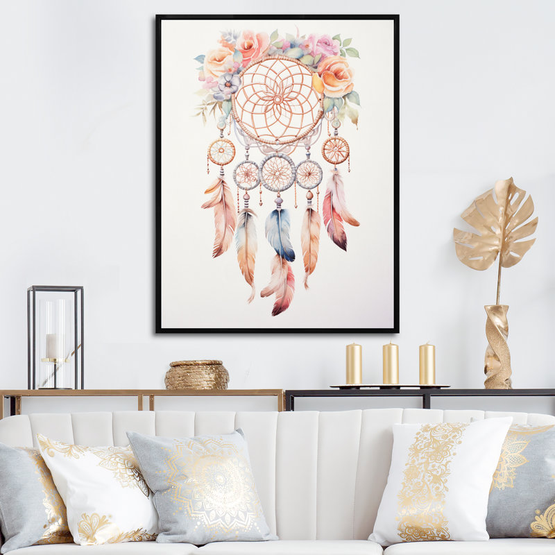 «Pink Boho Dreamcatcher», reproduction sur toile, H 40 po x l 30 po x P 1,5 po, Cadre flottant noir