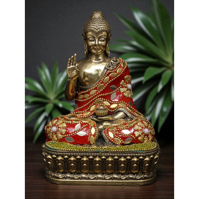 Statue de petit Bouddha assis de 6 pouces en Vitark Mudra avec incrustation de laiton