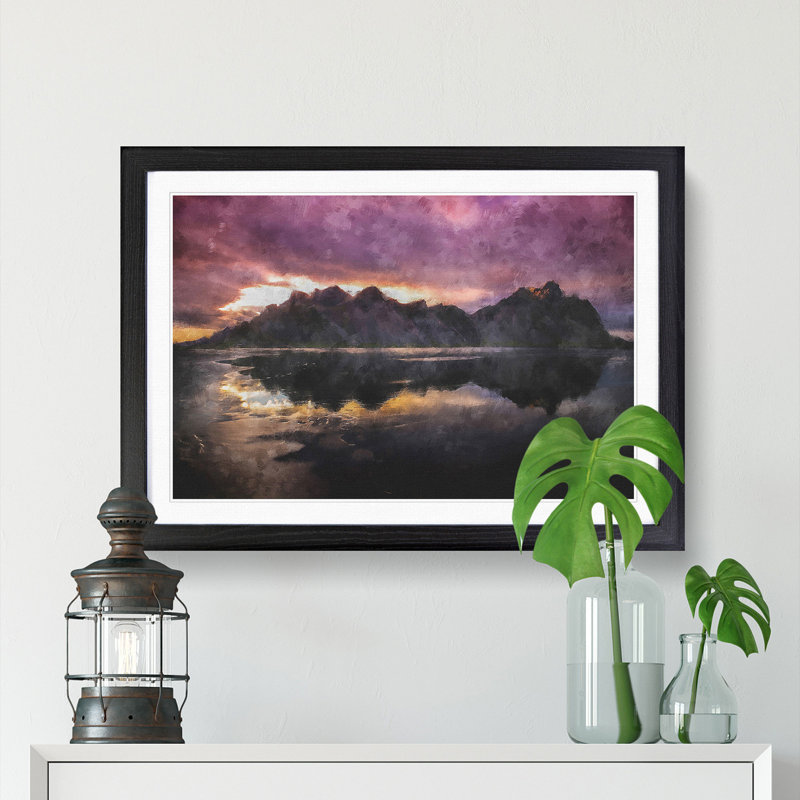 Black Sand Beach Iceland Painting - Single Picture Frame Print on MDF, Black, 62cm H x 87cm W x 2cm D