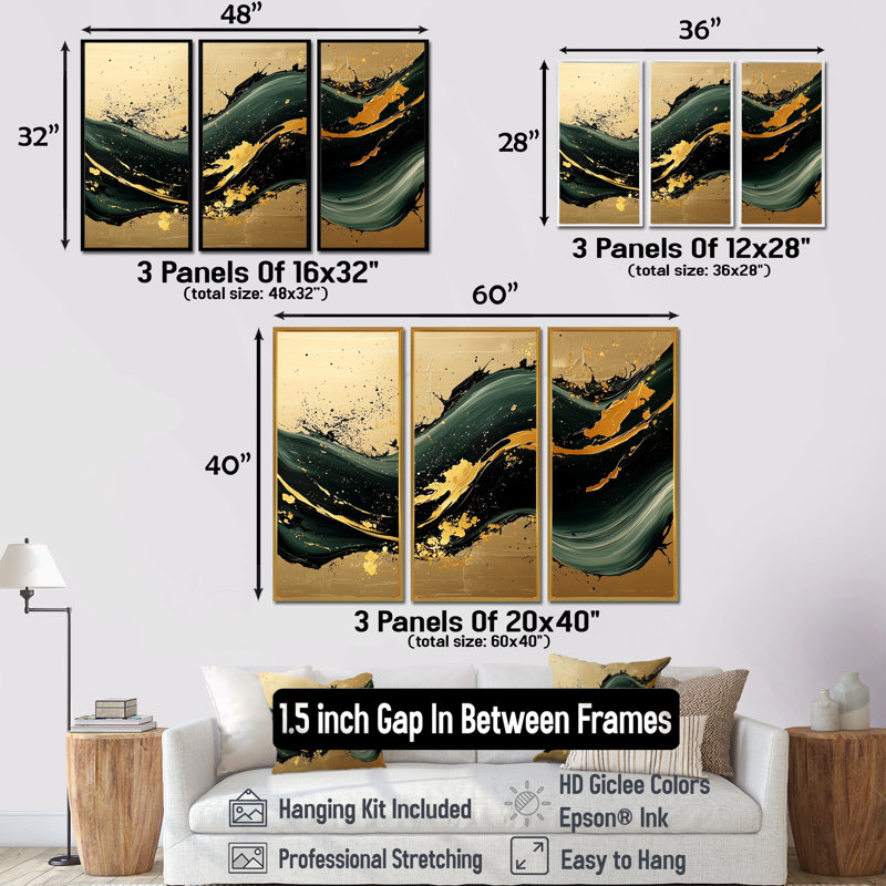 Golden Sands of Emerald Marble Shadows II - art mural encadré en marbre - ensemble de 3, H 32 po x l 48 po, Érable