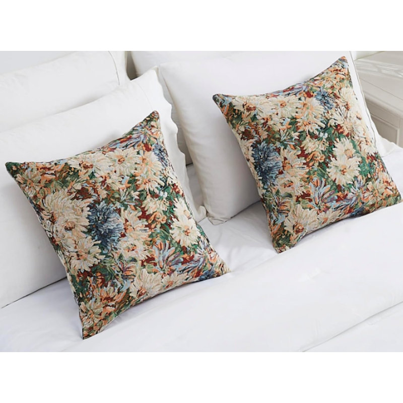 Pair of 20X20 Floral Throw Pillow Covers Embroidered with Mums Flower Design, Full/Double Pillowcase, Red/Beige Floral