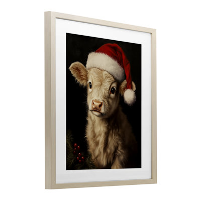 Christmas Hat Highland Cow Framed Print Under Glass, design by Arlington Prints