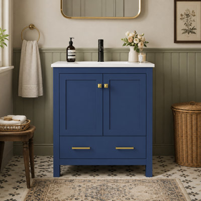 Meuble-lavabo autoportant de 30 po avec lavabo en céramique et plateau inclinable sur deux portes bleu foncé