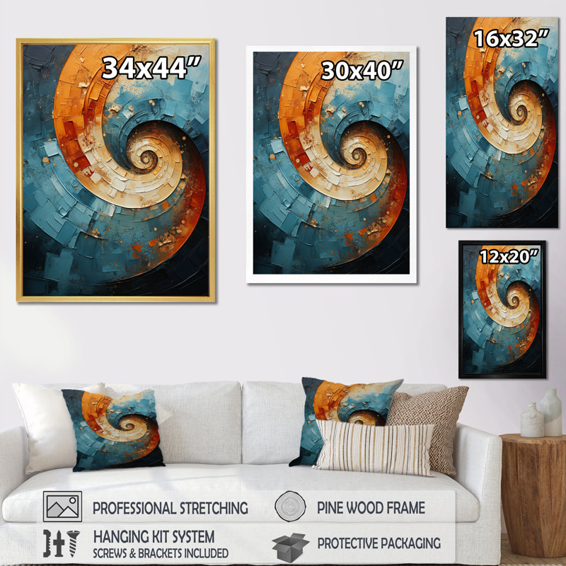 Faghri orange sarcelle abstrait spirales I - impression sur toile tendue, H 20 po x l 12 po x P 1 po