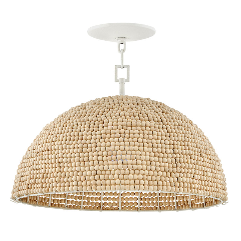 Textured Plaster LED Pendant with Wooden Bead Dome Shade