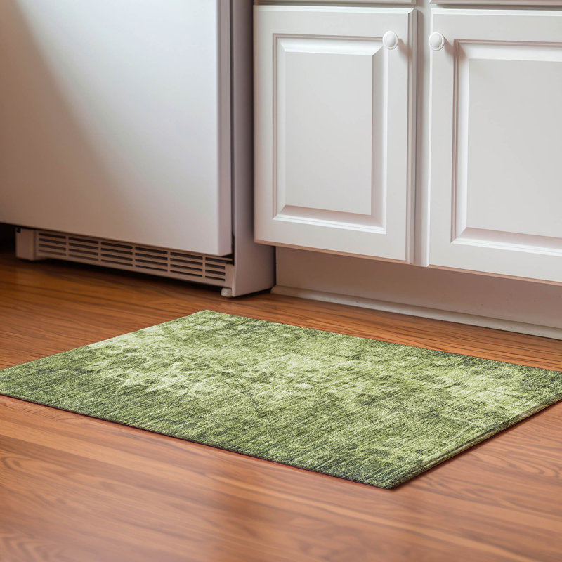 Premium Machine Washable Cerrito AMF577 Olive Rug, Rectangle 1'8" x 2'6"