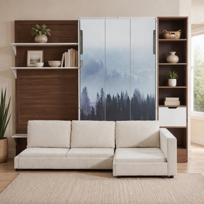 Lit escamotable avec armoire de rangement, tablettes ouvertes, port USB et façade de canapé