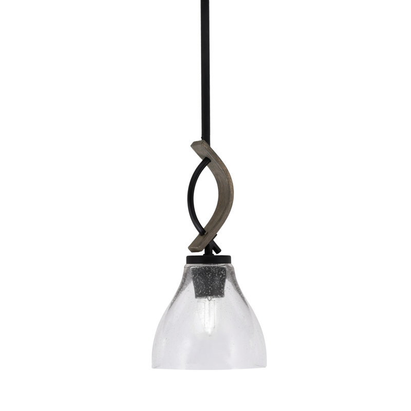 Hallmann Stem Hung Mini Pendant Shown With 6.25" Clear Bubble Glass, Matte Black/Painted Distressed Wood