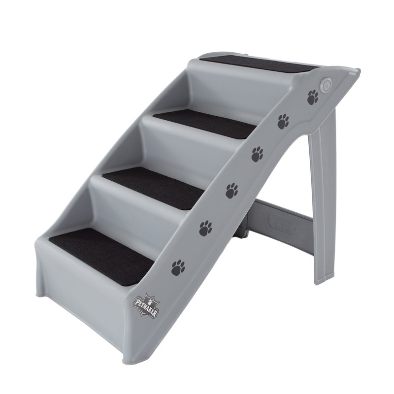 Gray Foldable 4-Step Plastic Pet Stairs with Paw Prints