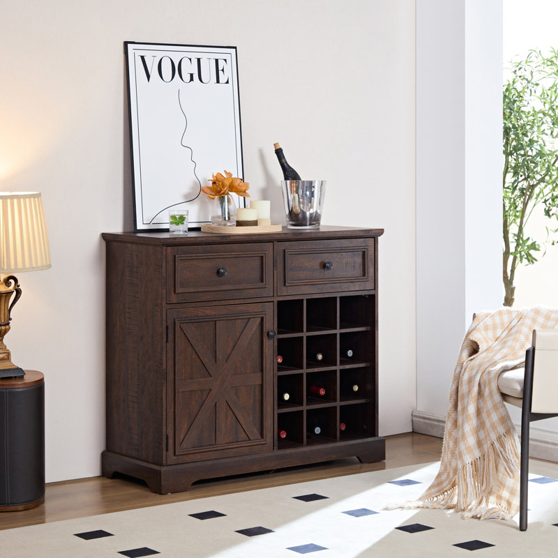 Farmhouse Accent Cabinet With 2 Drawers And Wine Rack,, Espresso