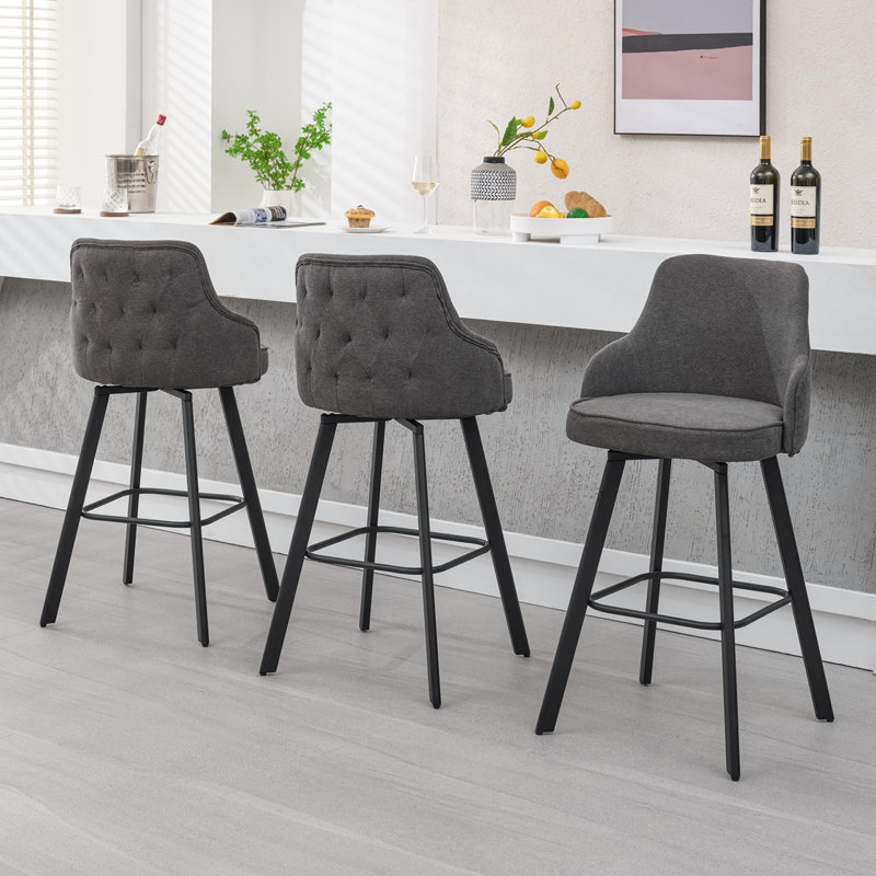 Swivel Linen Upholstered Bar Stool with High Back (Set of 3), Gray, 3, Bar Stool (30" Seat Height)