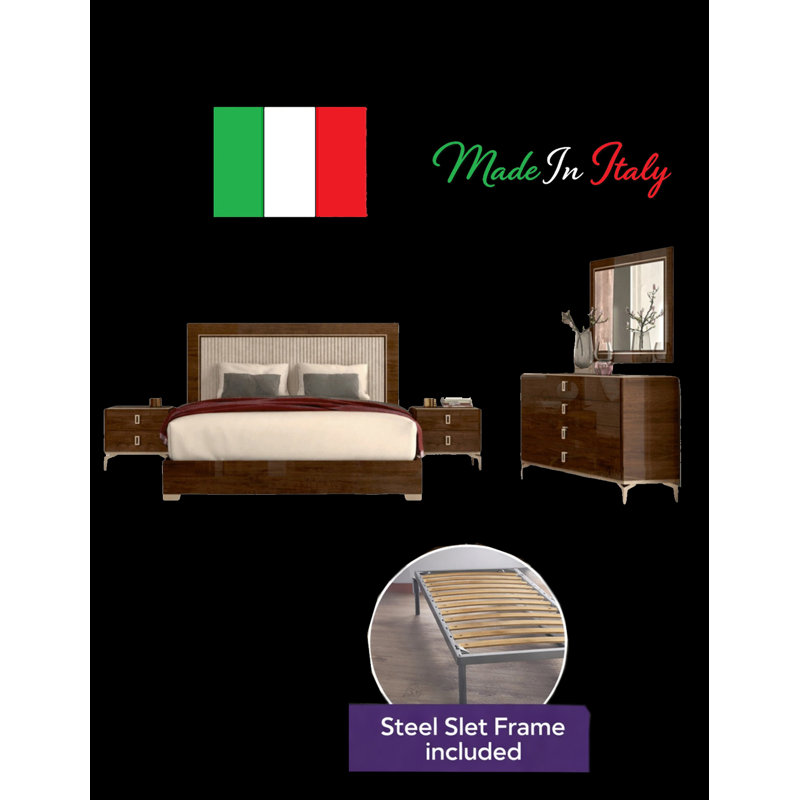 Springville Valencia King Bedroom Set With Camel Frame, 5 Pcs: Bed, Dresser, Mirror, 2 Nightstands