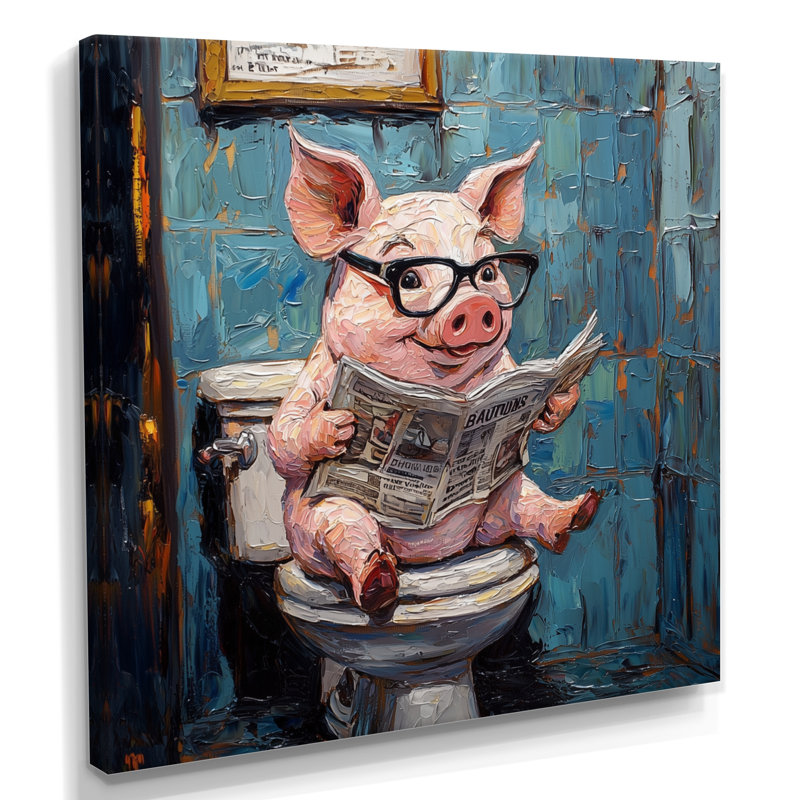 Toile de cochon Keonda, lecture du journal I - art mural sur toile cochon, H 16 po x l 16 po, Toile tendue, Ne s’applique pas