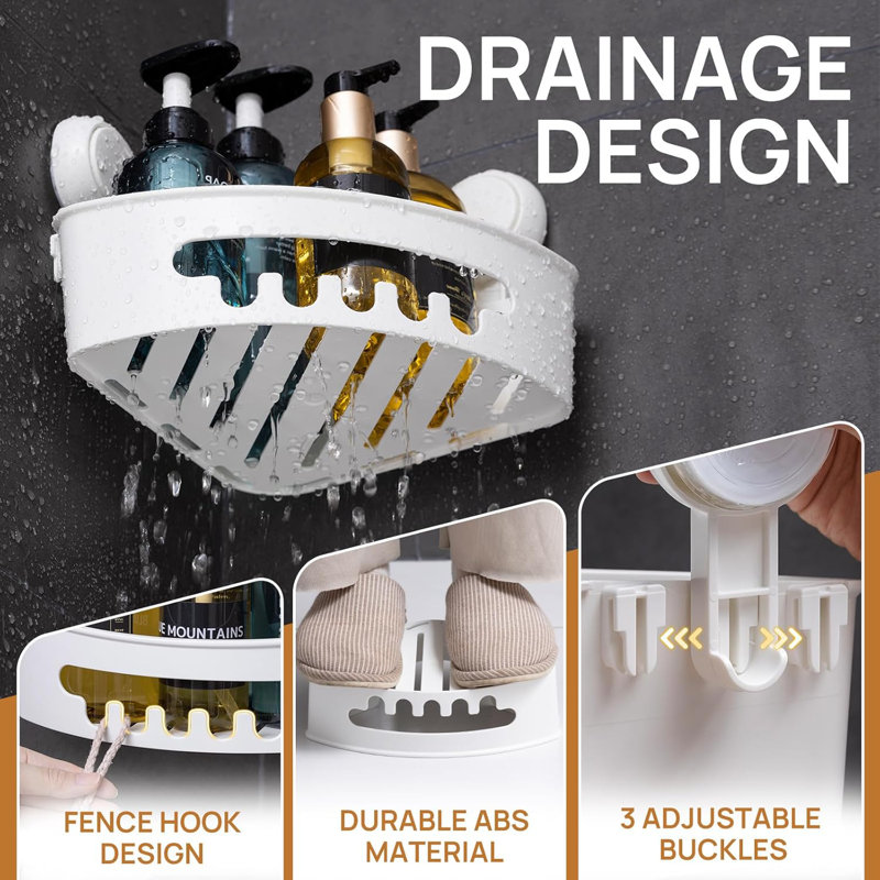 Organisateur de panier de douche No-Drill avec ventouses - L'ensemble 3 pièces comprend un panier de douche, un porte-brosse à dents et un porte-savon - Rangement de salle de bain imperméable pour carreaux de céramique, verre et surfaces lisses