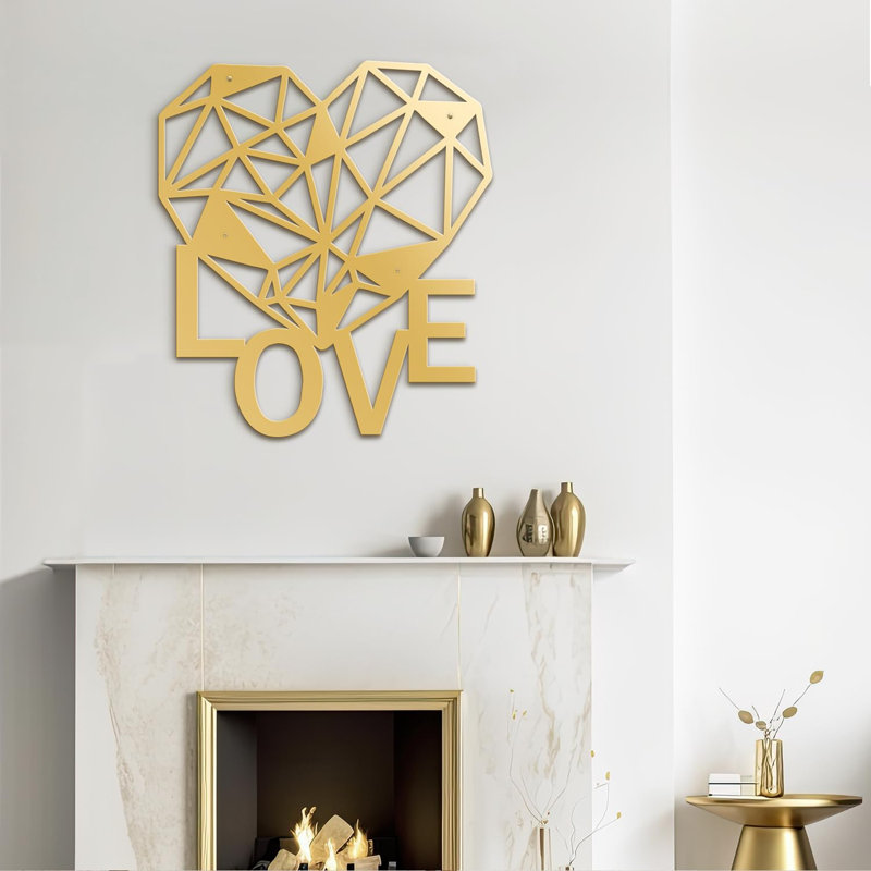 Décoration géométrique murale en forme de cœur géométrique moderne abstrait LOVE, H 30 po x l 27,03 po x P 0,05 po, Doré