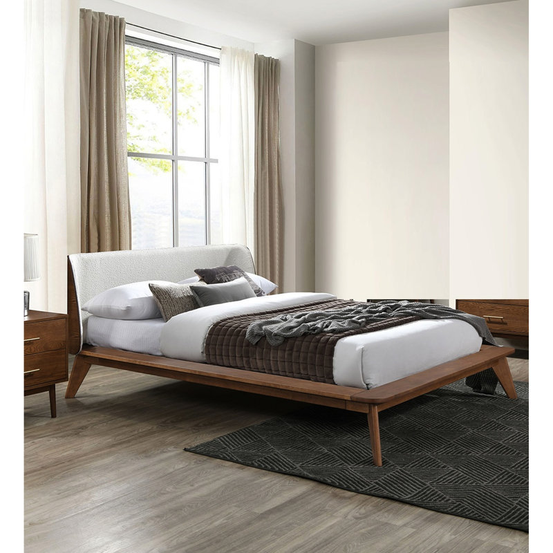 Lit Mid-Century moderne très grand Eastern, bois de noyer massif, tête de lit à oreilles en tissu, pieds inclinés fuselés, lit pour chambre à coucher avec abat-jour, matériau en bois et bouclé, tête de lit