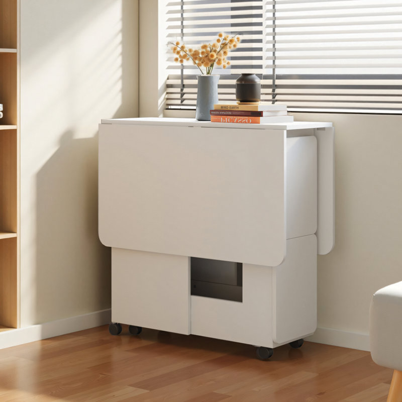 Ensemble de table pliante pour 4 personnes avec chaises, tablette de rangement et roulettes., Blanc, Blanc, Blanc