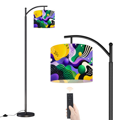 Lampadaire arqué à motifs abstraits de vagues colorées, sphères 3D bleues, 160 cm de haut, lampe sur pied moderne, abat-jour tambour en lin DEL, 3 températures de couleur, télécommande et interrupteur au pied, idéal pour le salon, la chambre ou un coin lecture.