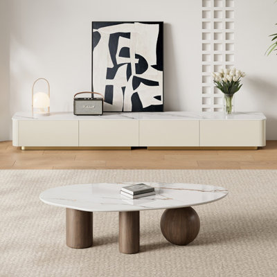 Ensemble de meubles de salon 2 pièces, meuble télé avec rangement et table basse organique avec plateau en pierre frittée