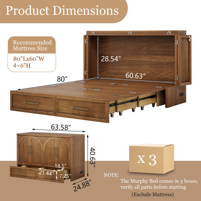 Solid Wood Queen Murphy Bed With Storage Drawer, Built-in Charging Station, Mid-century Modern Design, Brown Toffee