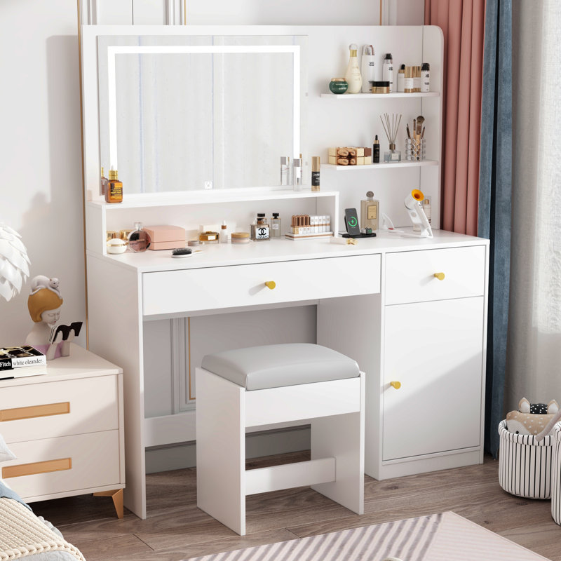 Vanity Set with LED Lights, Stool, and Quick-charging Station, White