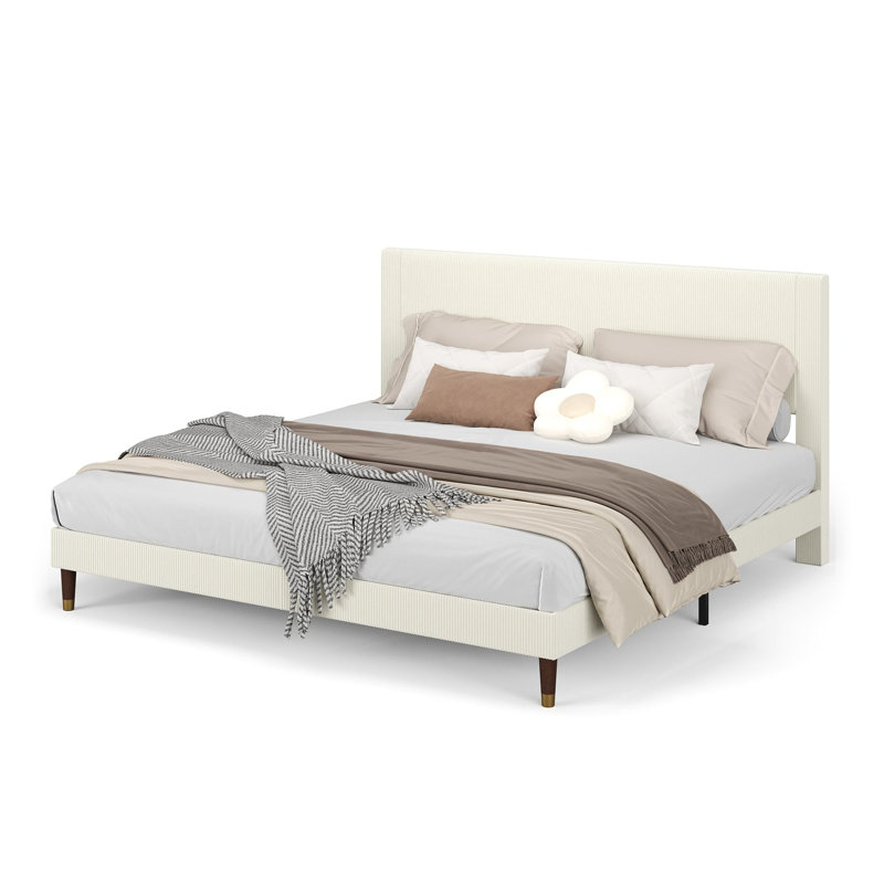 Platform Bed Frame with Headboard, Comfy Corduroy Upholstered Bed Frame with Wooden Slats Support, No Box Spring Needed, King
