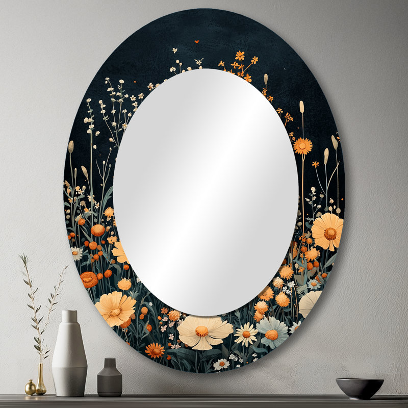 Miroir décoratif ovale floral jaune sur métal Mid Night Meadow II jaune, 43 po x 33 po