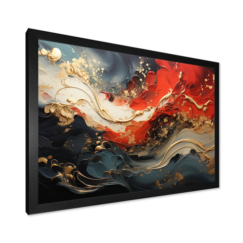 Rouge et or feu de marbre VI - art mural abstrait, Cadre d'angle fermé noir, H 16 po x l 32 po x P 1 po