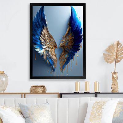 «Blue and Gold Angel Wings V», art mural contemporain sur toile glam