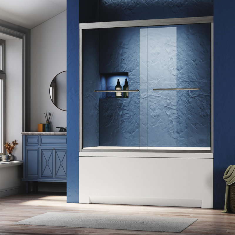 Sliding Glass Tub Door 56-60 In. W X 57 In. H, Semi Frameless Double Bathtub Door, Certified Thick Clear Clear Tempered Glass, 304 Stainless Steel Handles