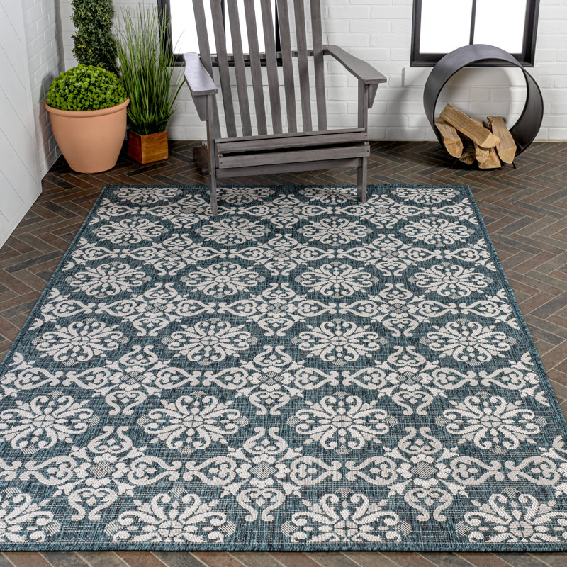 Amora Traditional Mediterranean Tile Design Turquoise/Cream Indoor/Outdoor Rug, Rectangle 2'11" x 4'11"