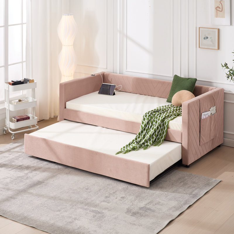 Upholstered Twin Daybed With Trundle, Twin Trundle Daybed Sofa Bed For Bedroom Guest Room, No Box Spring Needed, Pink
