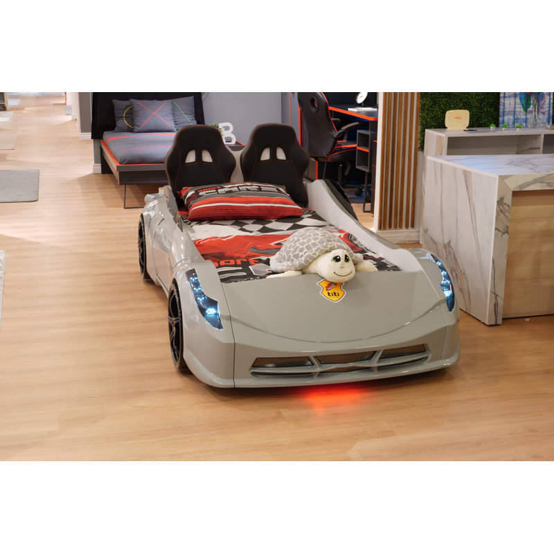 Aadyanth Twin Race Car Bed, Remote Control, LED Lights, Sound FX, Rear Seat, Gray