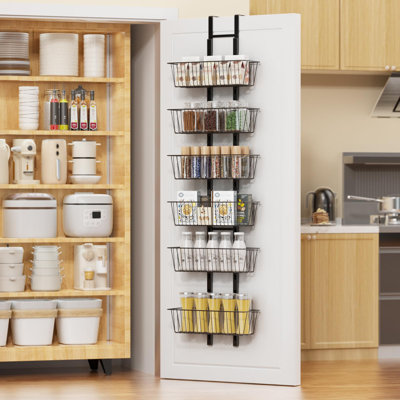 Rangement pour garde-manger à 6 niveaux avec porte-épices avec paniers réglables, porte-garde-manger suspendu en métal et rangement, noir