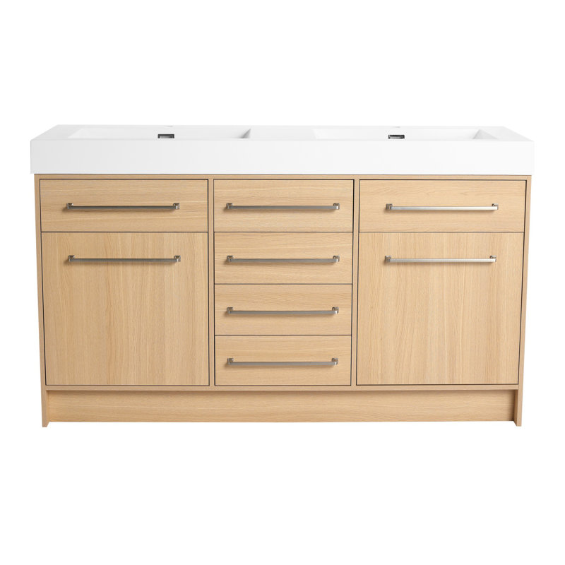 Meuble-lavabo autoportant avec double lavabo, porte à fermeture douce et tiroir