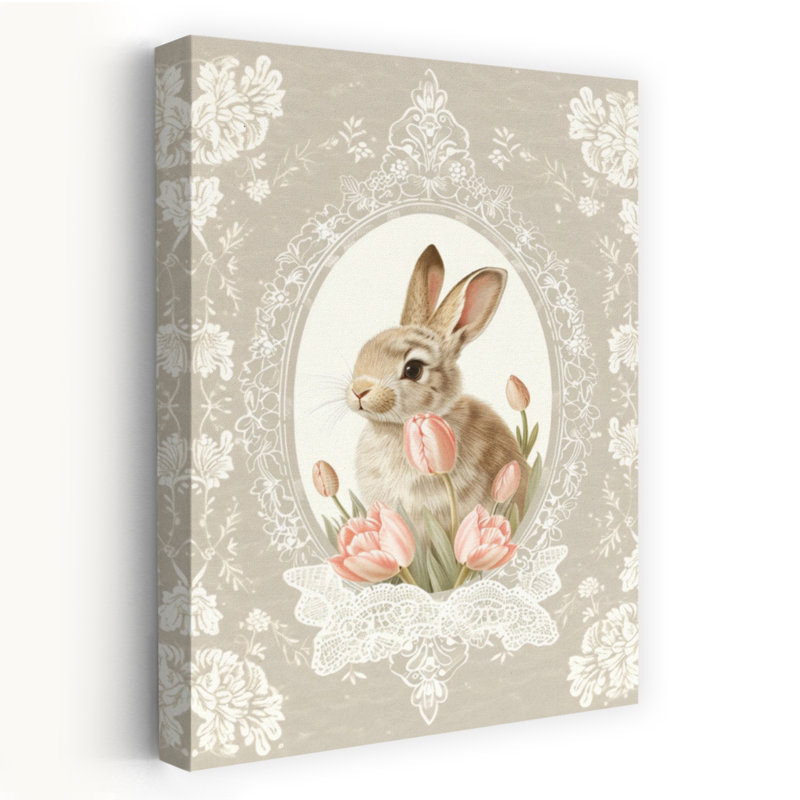 «Sweet Bunny with Tulips Elegant Vintage Whimsical Rabbit Tulip Flower Spring», reproduction d'art, H 48 po x l 32 po