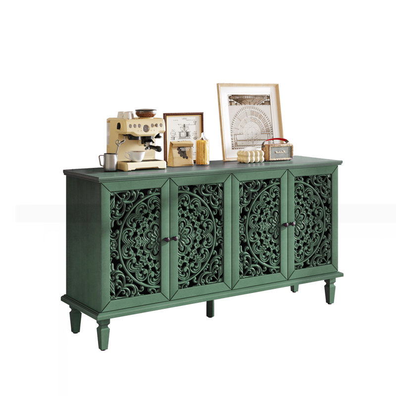 60" Antique Buffet Cabinet with Floral Carvings with Solid Wood Legs