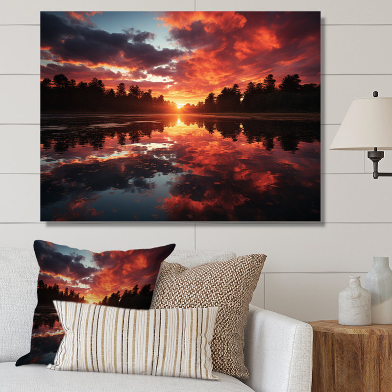 Coucher de soleil sur le lac, Toile tendue, H 34 po x l 44 po x P 1,5 po