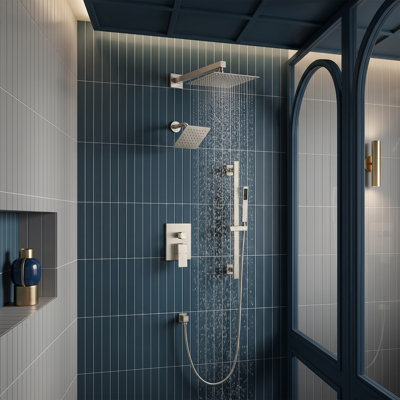 Système de douche double mural complet contemporain avec valve à pression équilibrée sans plomb avec douche à main à barre coulissante Contemporary