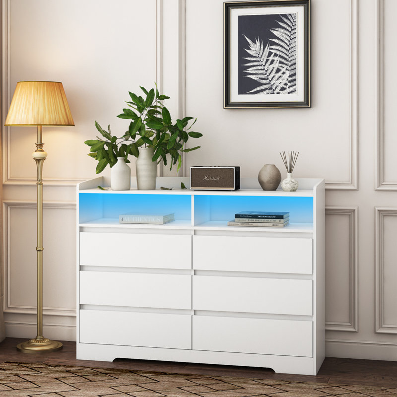 Commode 6 tiroirs, commode pour chambre à coucher avec lumières DEL, commodes modernes et commodes