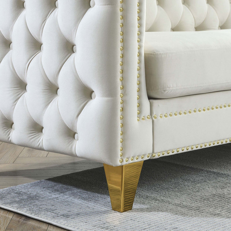 Luxurious Velvet Sofa for Living Room with Button Tufting and Metal Legs, 29" H x 80.5" W x 30.5" D, Beige